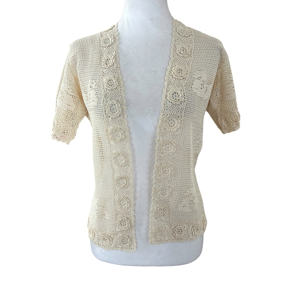 Vintage Open Front Crochet Cardigan Short Sleeve Cream Lace Sweater Top S/M